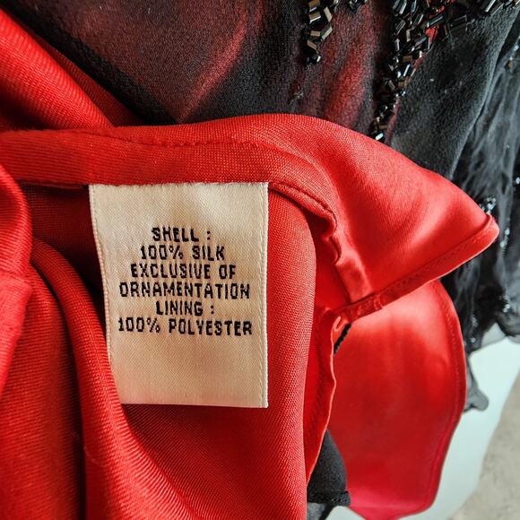 Caché 100% Silk Sheer Blouse Medium Beaded Bell Sleeves Red Black - Picture 11 of 12